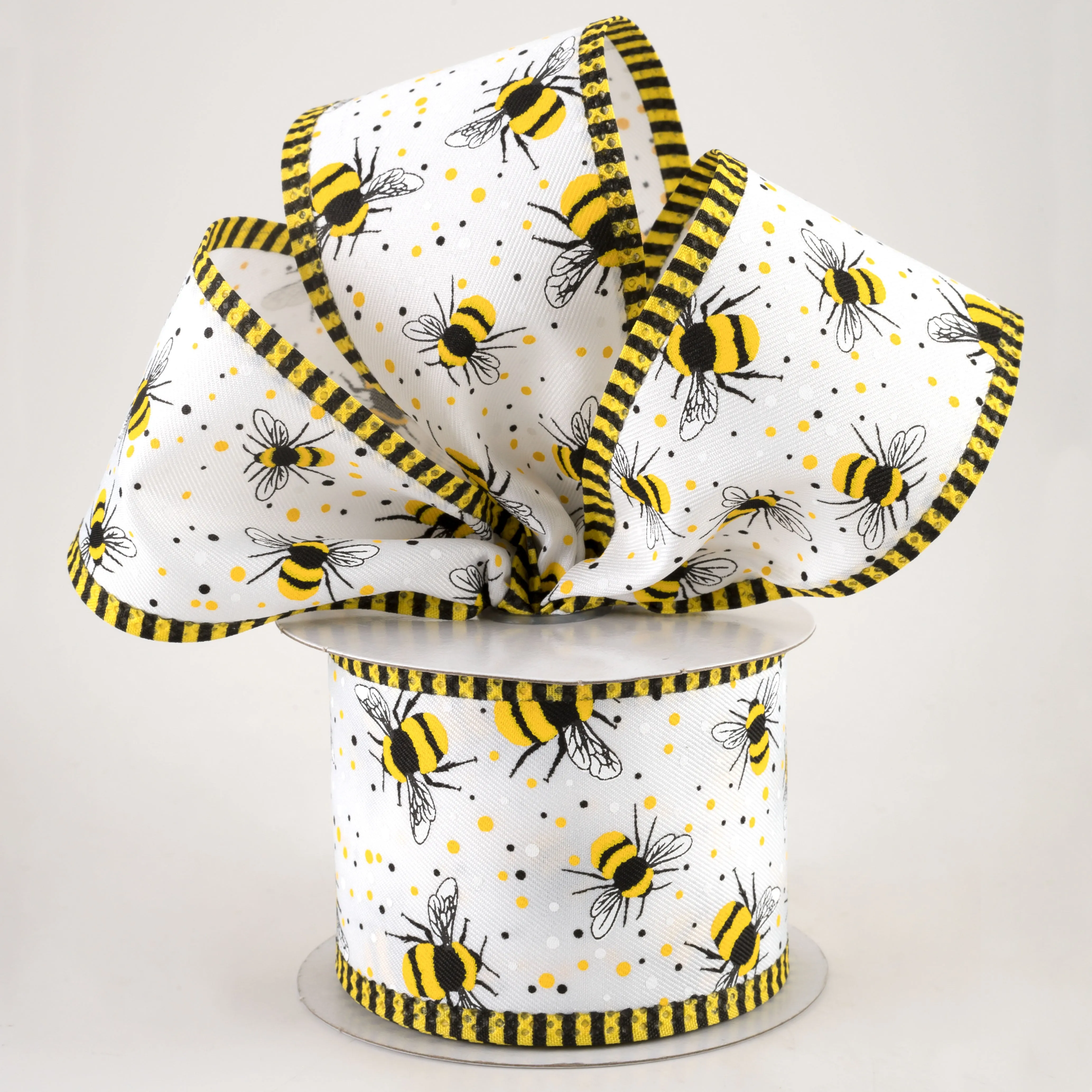 2.5" Bumble Bee Stripe Edge Ribbon: White (10 Yards)