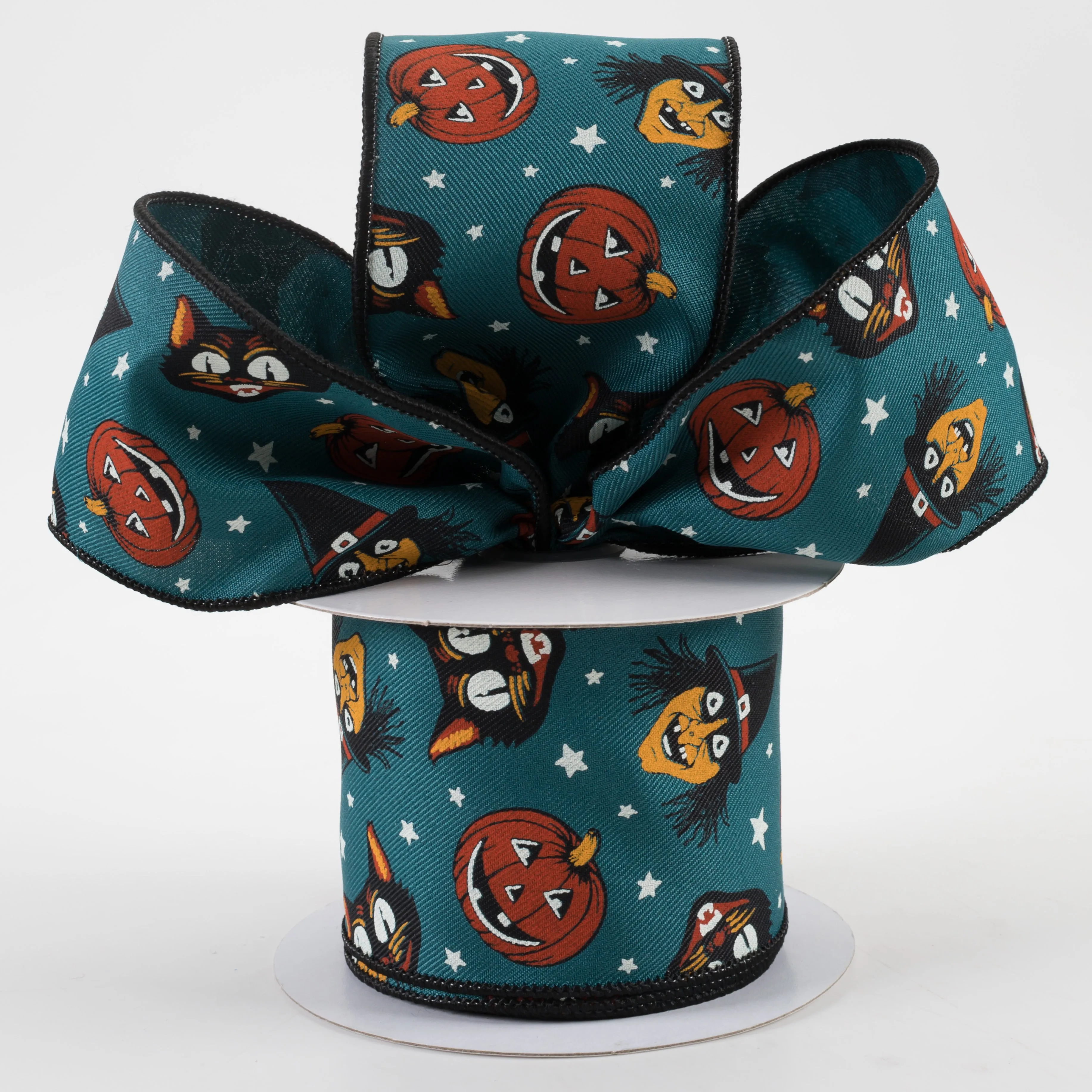 2.5" Vintage Cat, Witch, Jack-O-Lantern Ribbon: Dark Teal (10 Yards)