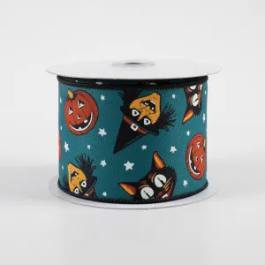 2.5" Vintage Cat, Witch, Jack-O-Lantern Ribbon: Dark Teal (10 Yards)