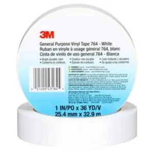 3M™ General Purpose Vinyl Tape 764, White, 1 in x 36 yd, 5 mil, 36 Roll/Case, Individually Wrapped Conveniently Packaged