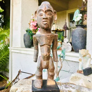 Antique Wood Carved African Ethnic Tribal Folk Art Man Mounted Figurine Carving