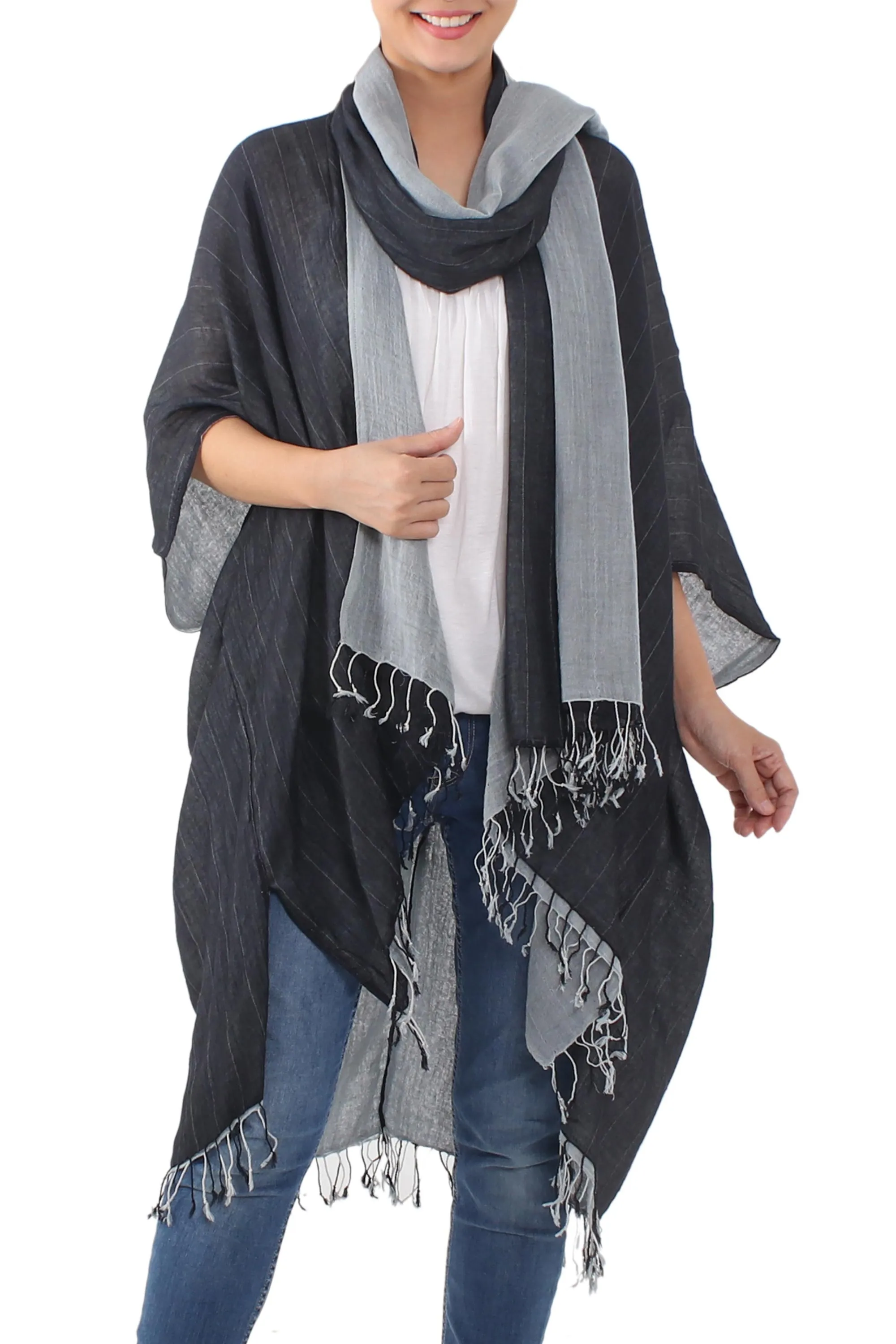 Artisan Crafted 100% Cotton Black and Grey Jacket and Scarf - Monochromatic | NOVICA