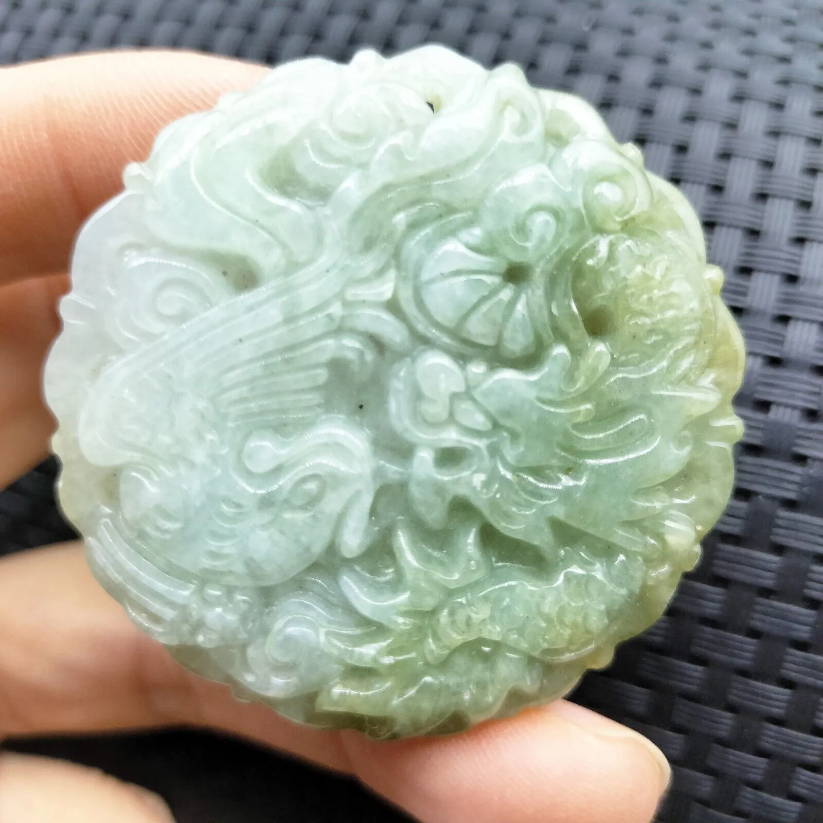 Certified Icy Green Natural Type A Jade Jadeite Carved Dragon Phoenix Pendant