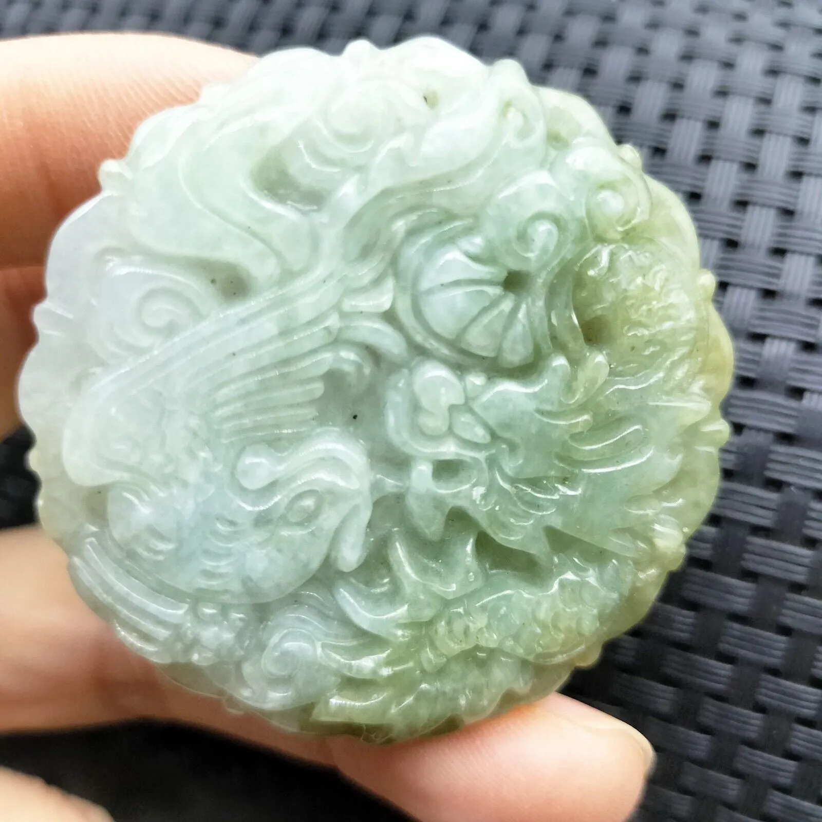 Certified Icy Green Natural Type A Jade Jadeite Carved Dragon Phoenix Pendant