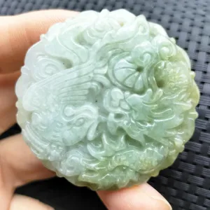 Certified Icy Green Natural Type A Jade Jadeite Carved Dragon Phoenix Pendant