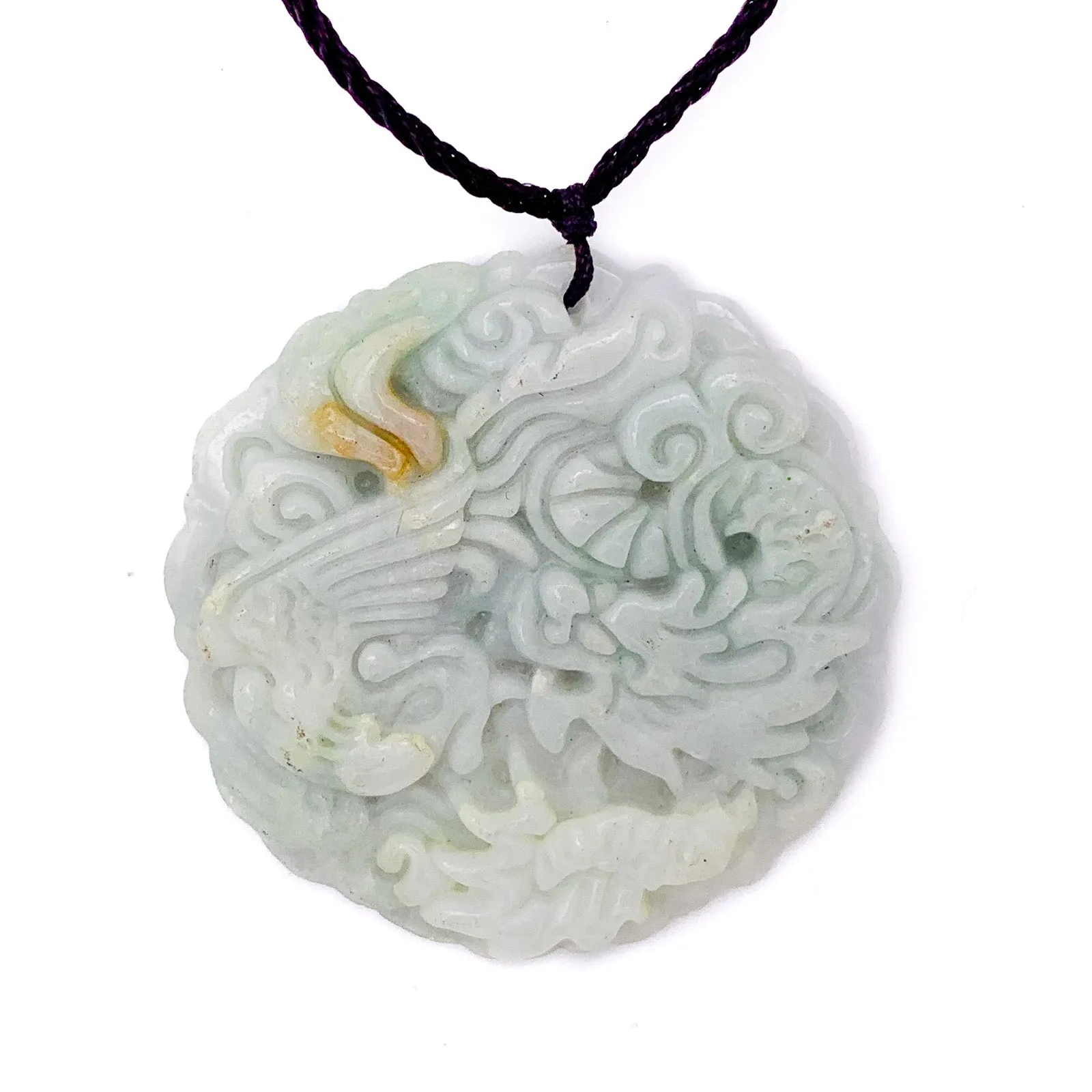 Certified Lavender Green Natural Jadeite Carved Dragon Phoenix Pendant Necklace