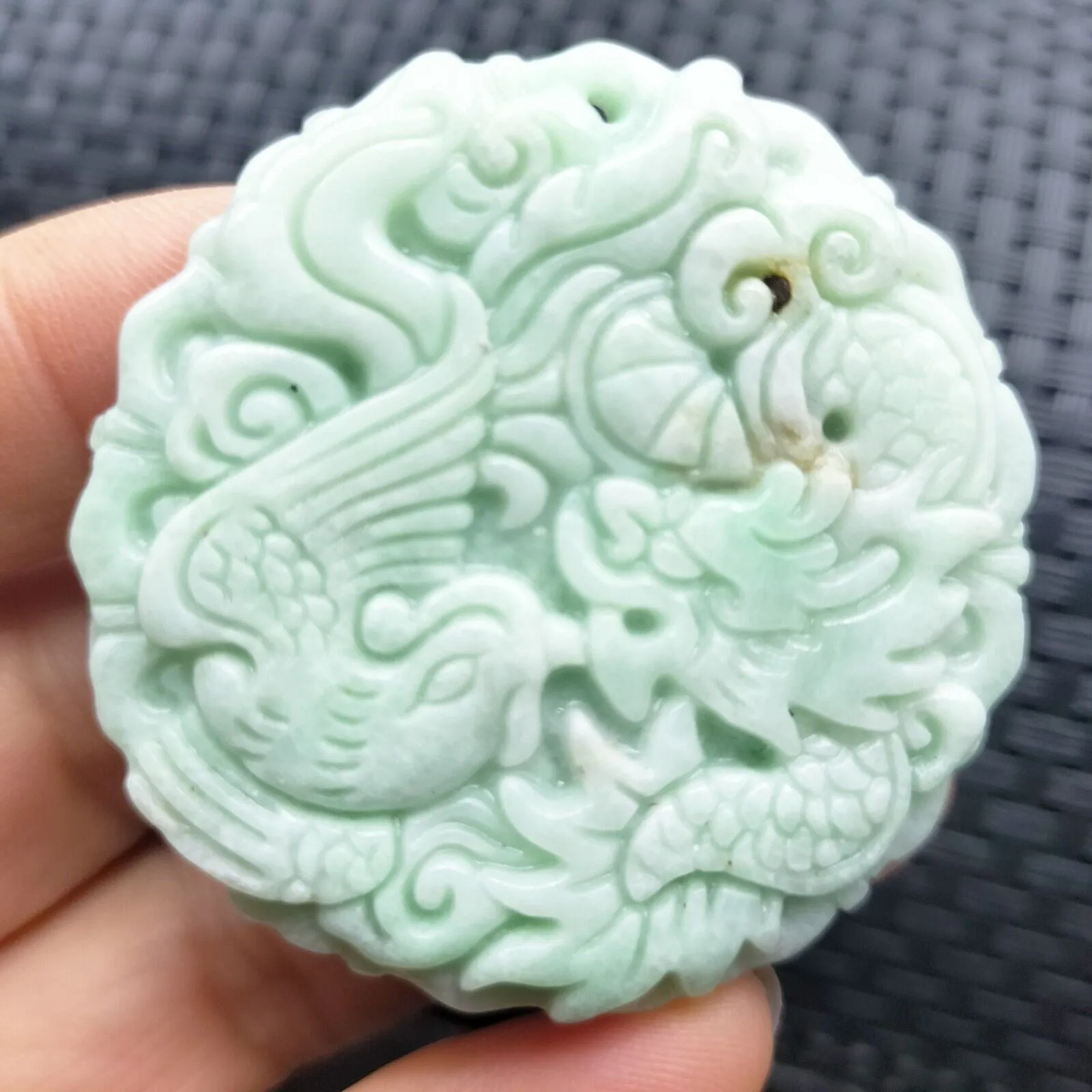 Certified Light Green Natural Type A Jade Jadeite Carved Dragon Phoenix Pendant