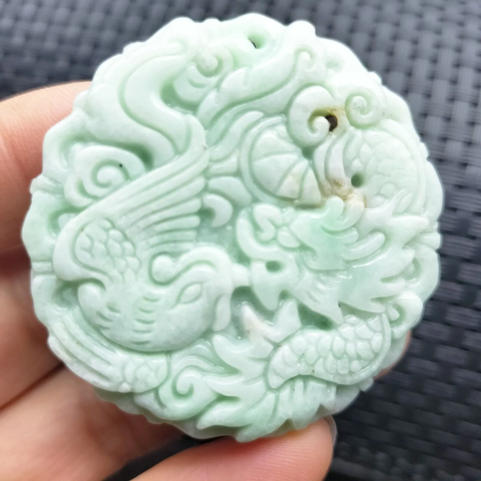 Certified Light Green Natural Type A Jade Jadeite Carved Dragon Phoenix Pendant