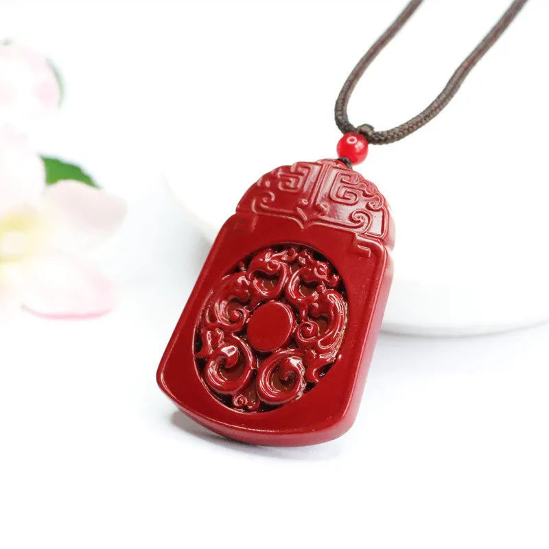 Cinnabar Pendant Antique Dragon and Phoenix Double Side Carving Pendant