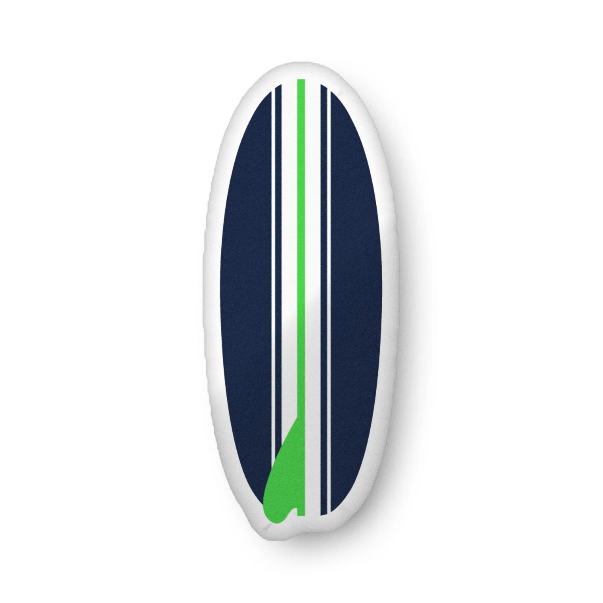 Lime Green, White and Navy Blue Surfboard Shaped Throw Pillow