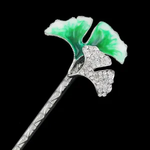 LUX Swarovski Rhinestone Ginkgo Leaves Hair Stick Green