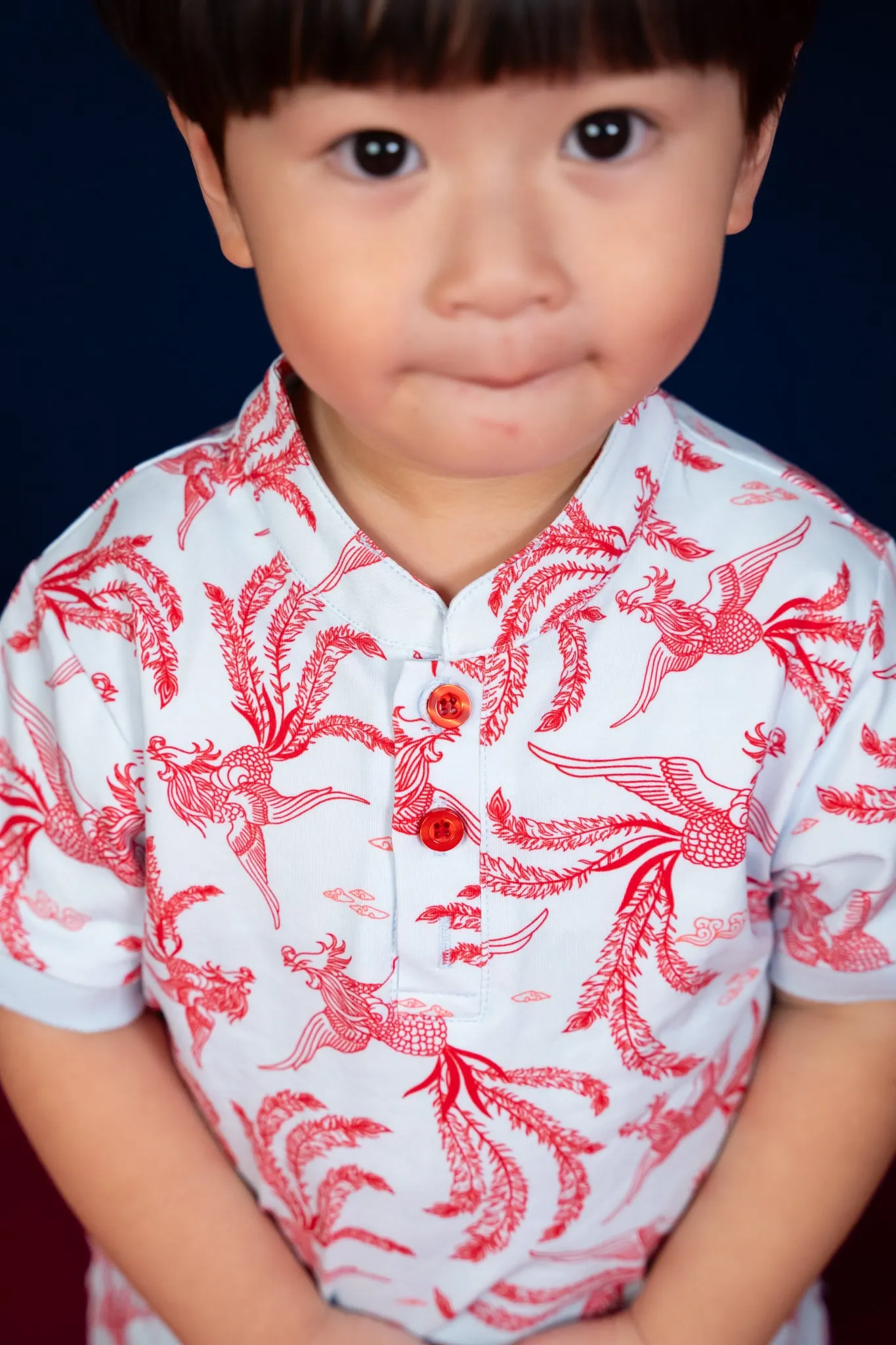 Mandarin-collared Polo Tee - Blue-Red Phoenix