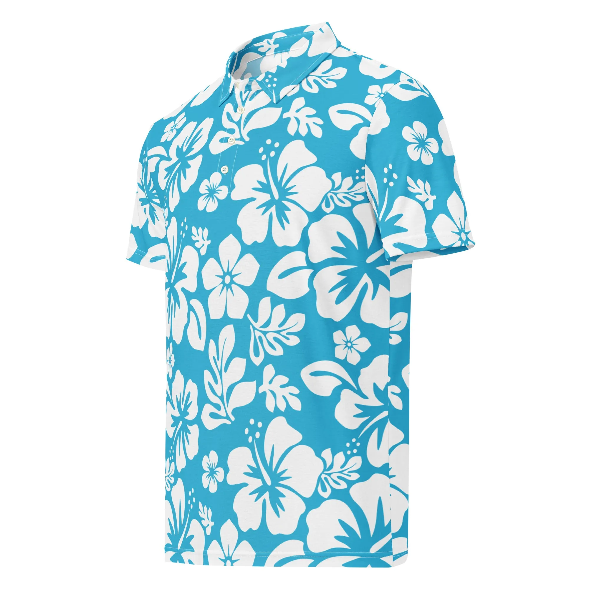 Men’s Aqua Blue and White Hawaiian Aloha Polo Shirt -Slim Fit