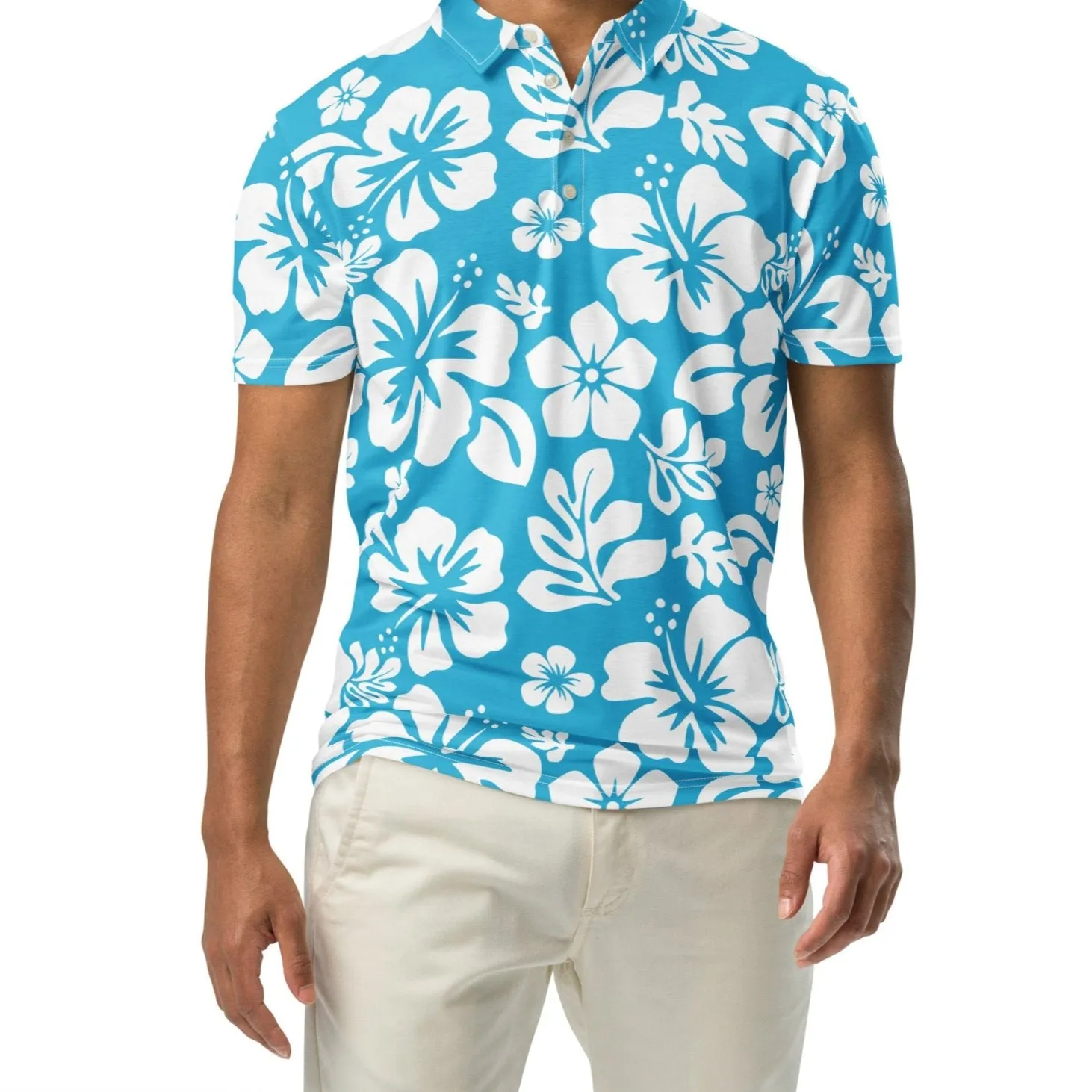 Men’s Aqua Blue and White Hawaiian Aloha Polo Shirt -Slim Fit