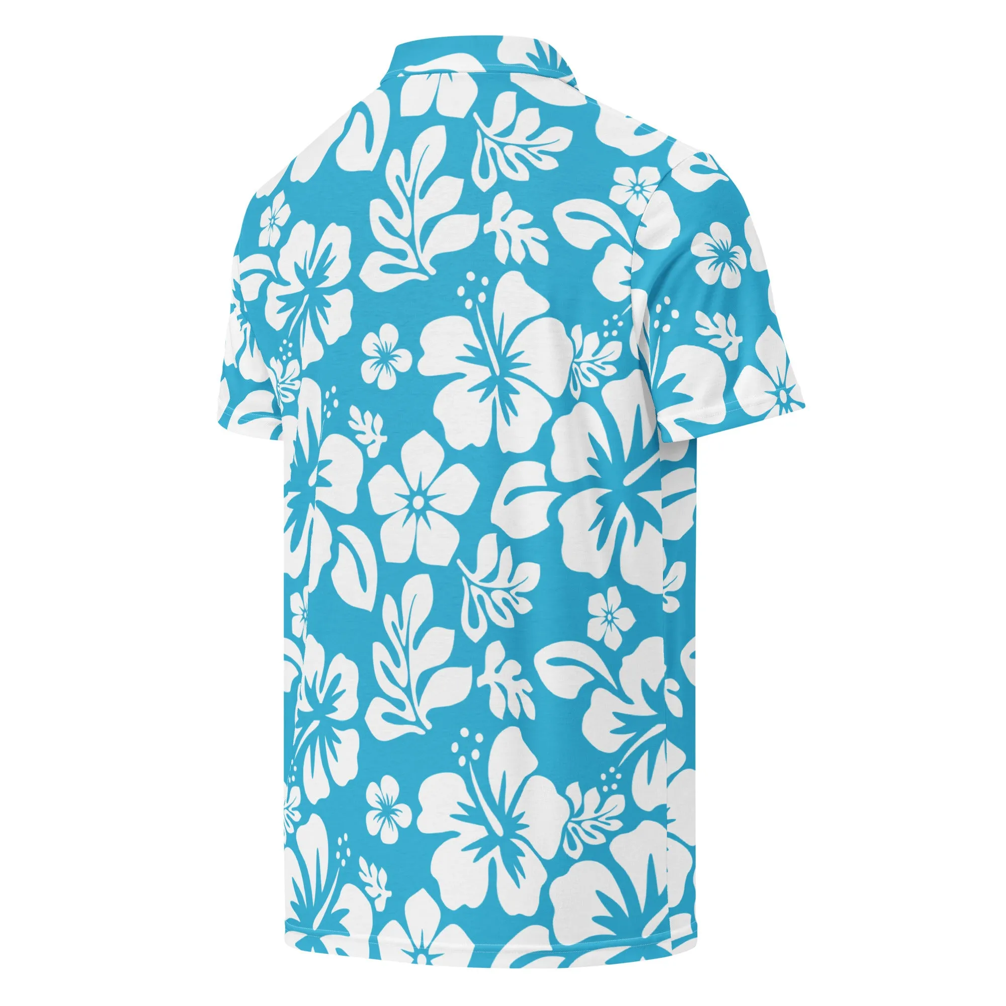 Men’s Aqua Blue and White Hawaiian Aloha Polo Shirt -Slim Fit