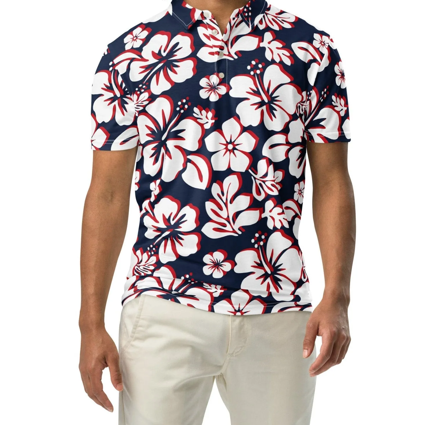 Men’s Navy Blue, Red and White Hawaiian Aloha Polo Shirt -Slim Fit