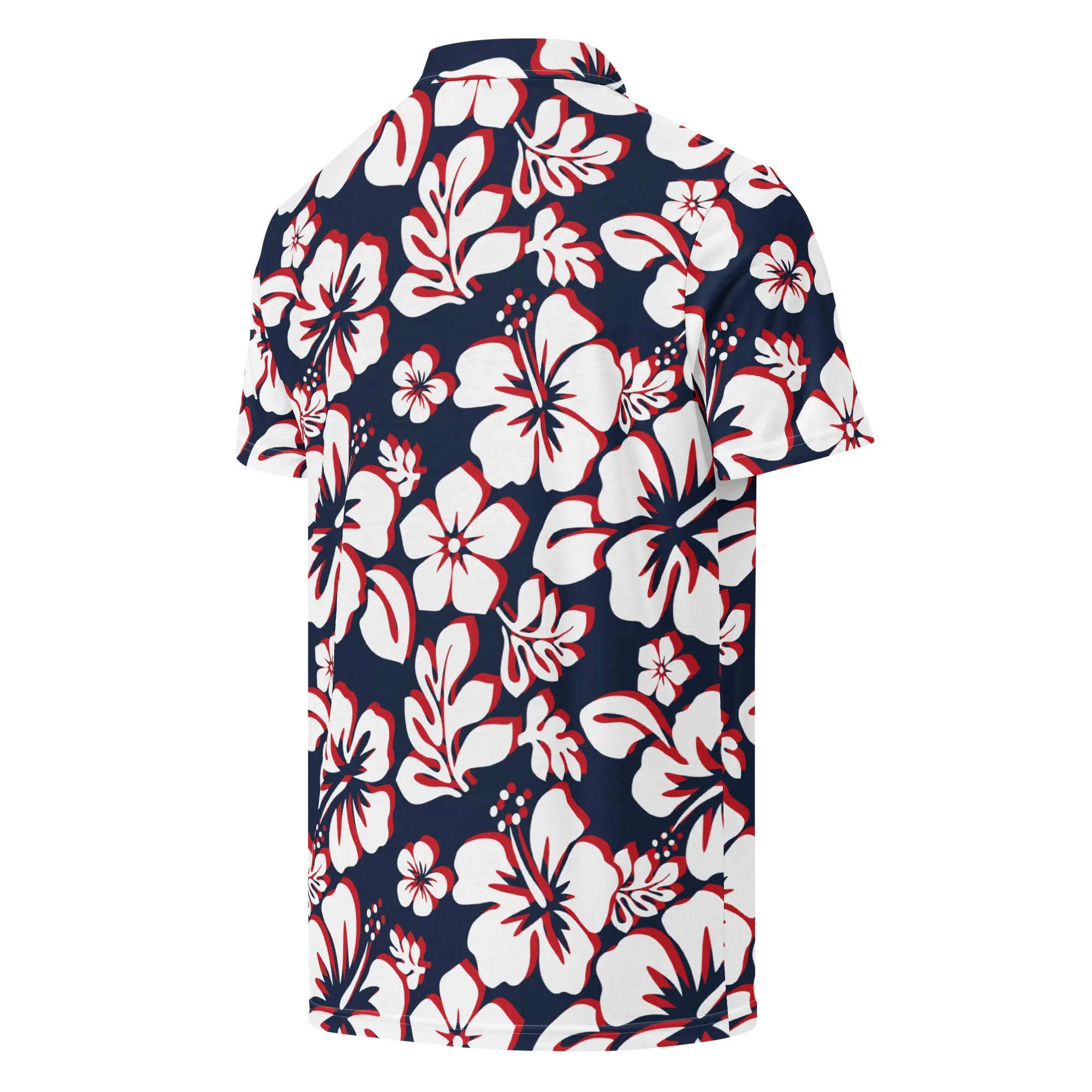 Men’s Navy Blue, Red and White Hawaiian Aloha Polo Shirt -Slim Fit