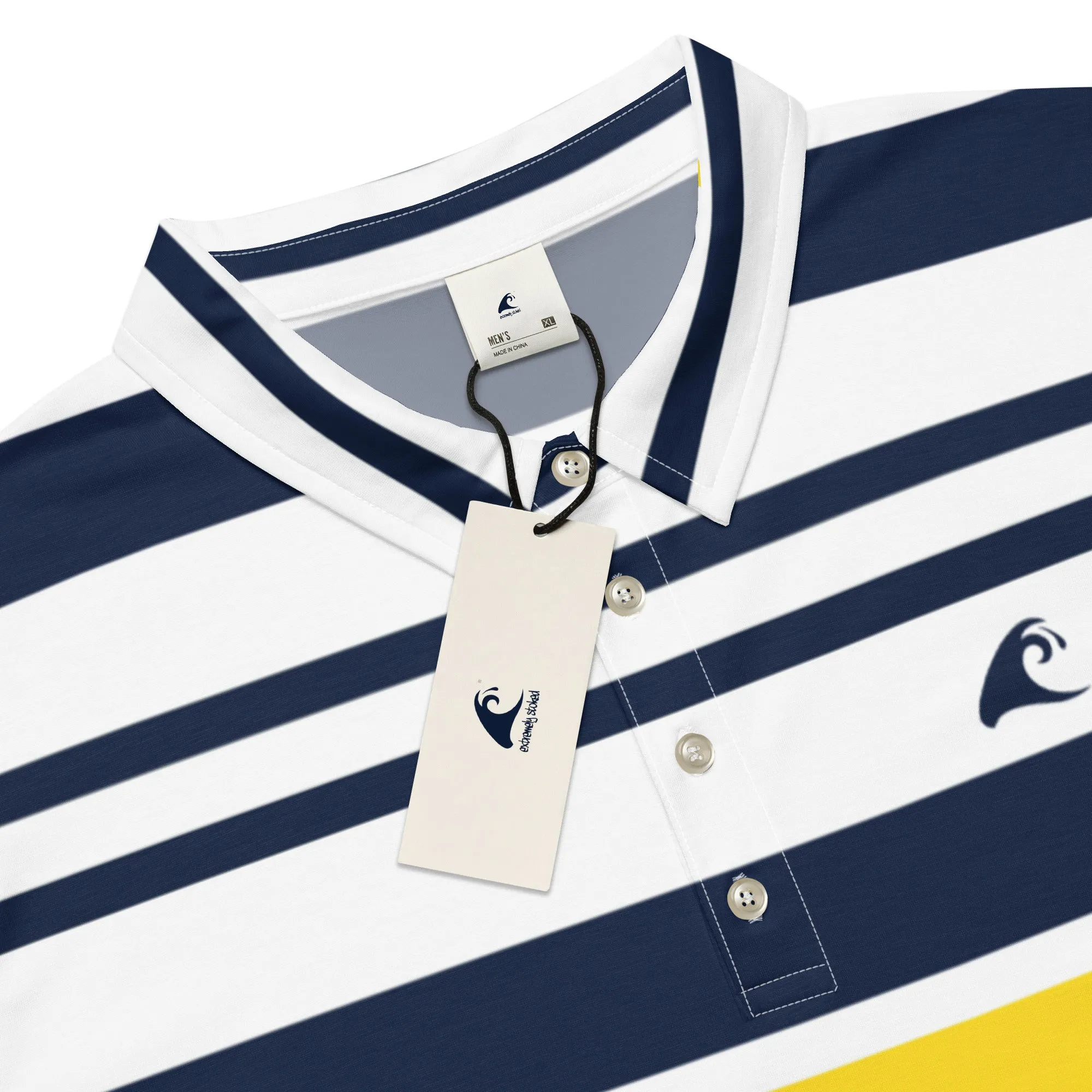 Men’s Navy Blue, Yellow and White Classic Surf Stripes Polo Shirt -Slim Fit