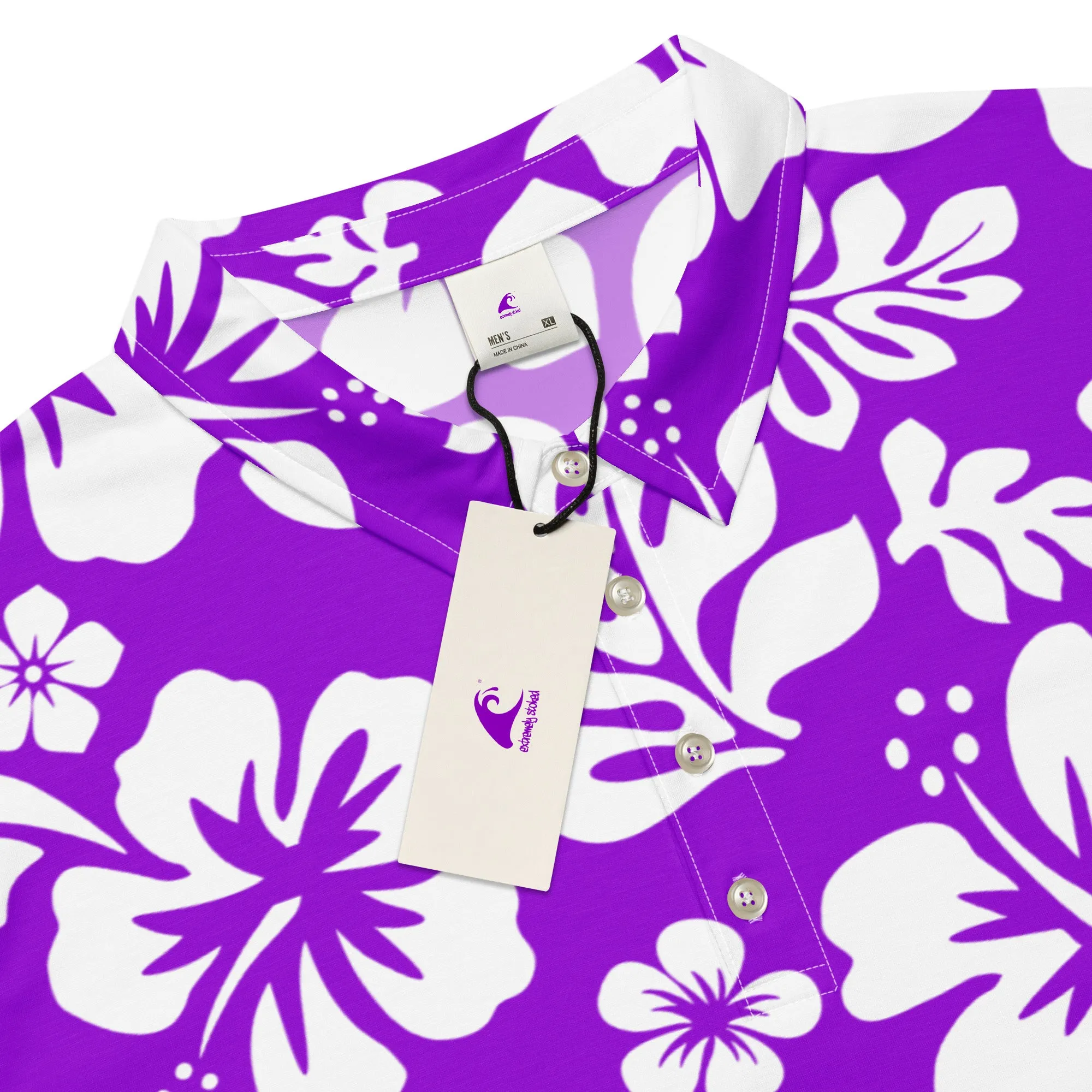 Men’s Purple and White Hawaiian Aloha Polo Shirt -Slim Fit