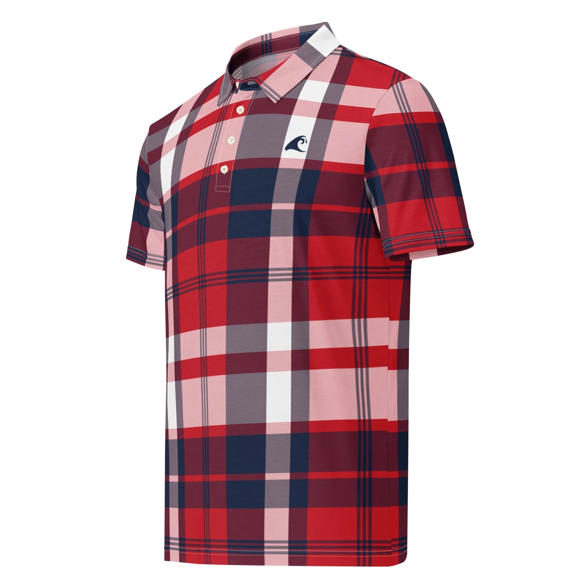 Men’s Red, White and Navy Blue Surfer Plaid Polo Shirt -Slim Fit