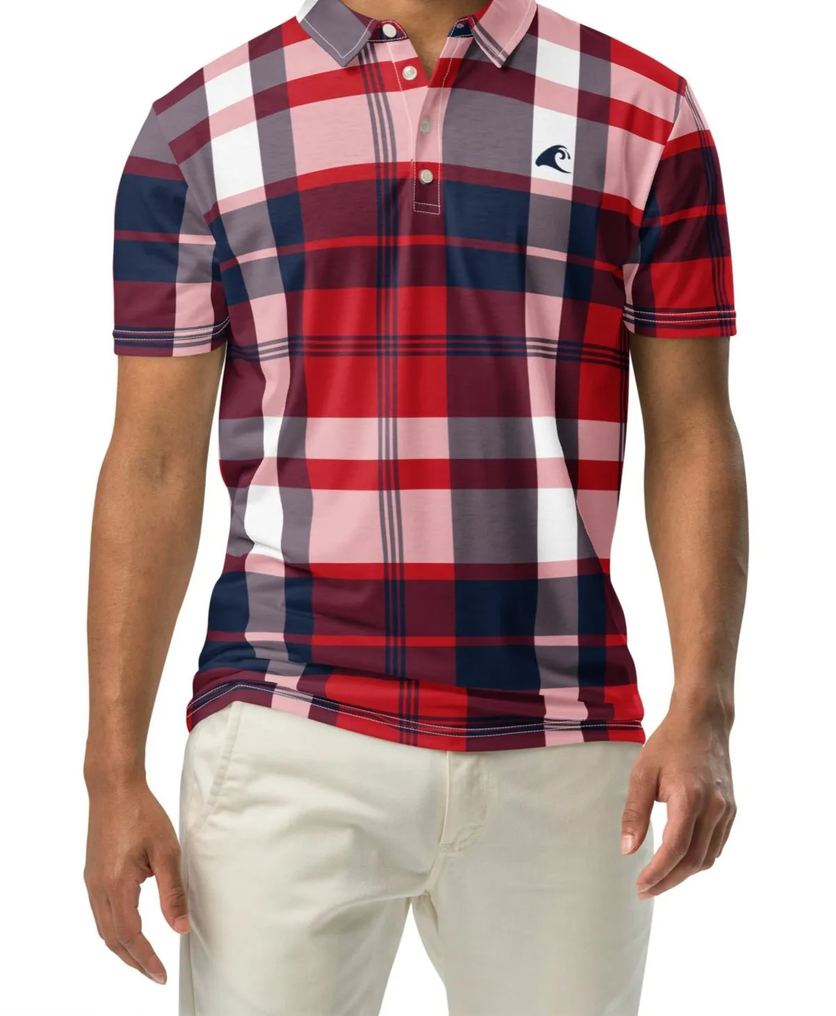 Men’s Red, White and Navy Blue Surfer Plaid Polo Shirt -Slim Fit