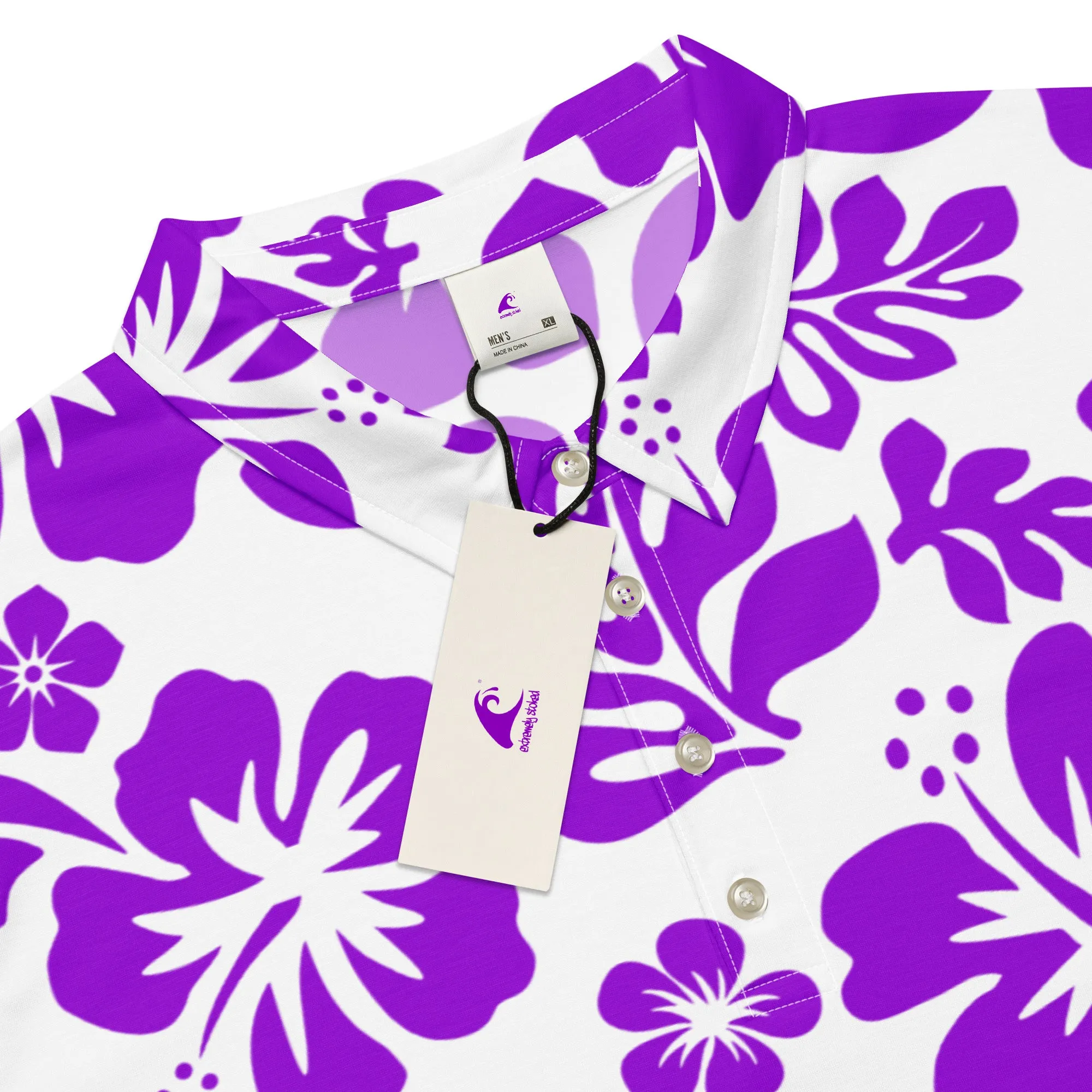 Men’s White and Purple Hawaiian Aloha Polo Shirt -Slim Fit