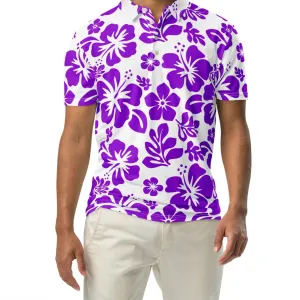 Men’s White and Purple Hawaiian Aloha Polo Shirt -Slim Fit