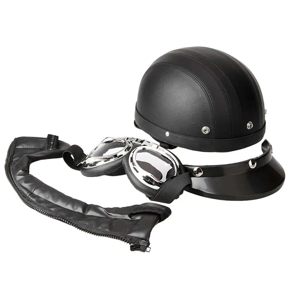 Motorcycle Scooter Open Face Half Leather Helmet with Visor UV Goggles Retro Vintage Style 54-60cm