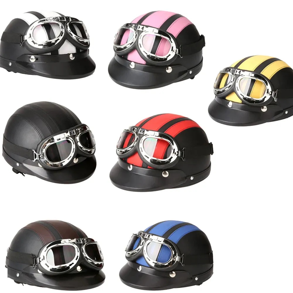 Motorcycle Scooter Open Face Half Leather Helmet with Visor UV Goggles Retro Vintage Style 54-60cm