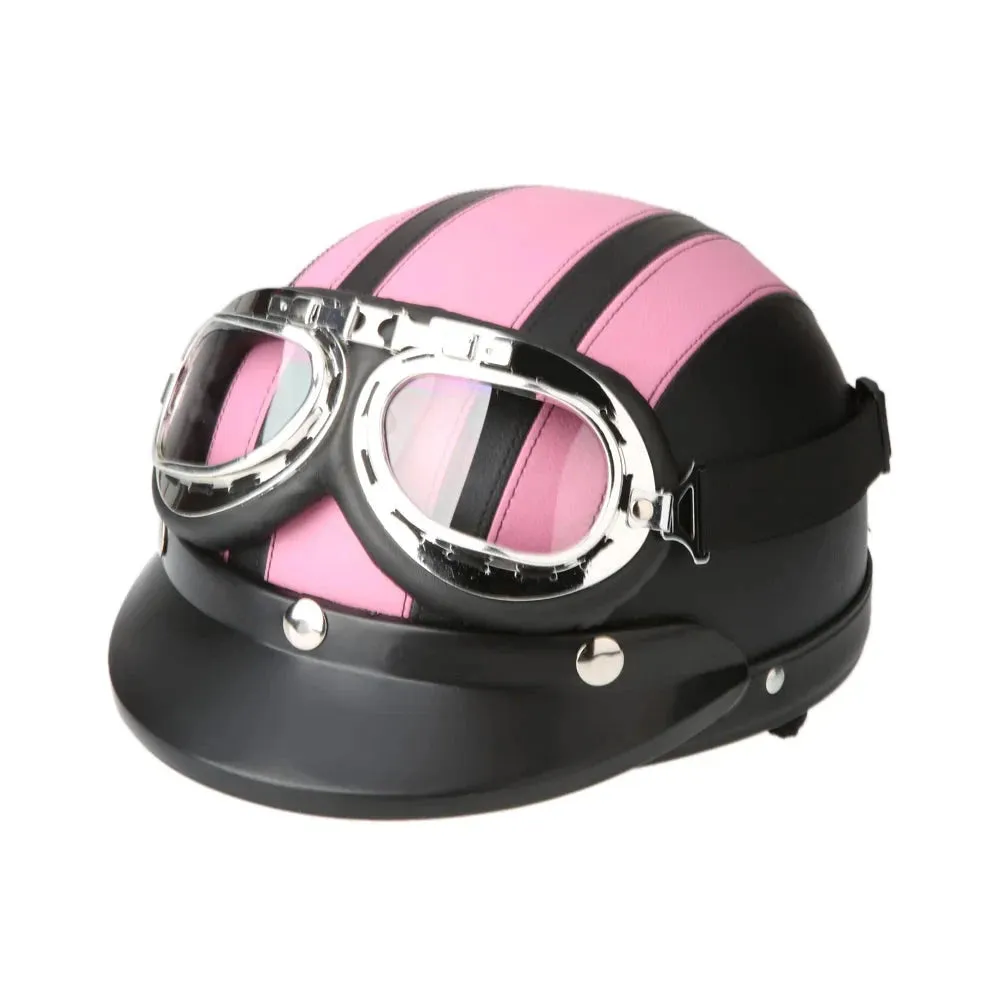 Motorcycle Scooter Open Face Half Leather Helmet with Visor UV Goggles Retro Vintage Style 54-60cm