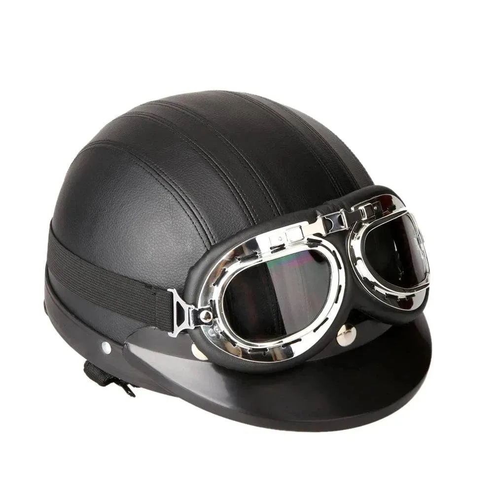 Motorcycle Scooter Open Face Half Leather Helmet with Visor UV Goggles Retro Vintage Style 54-60cm