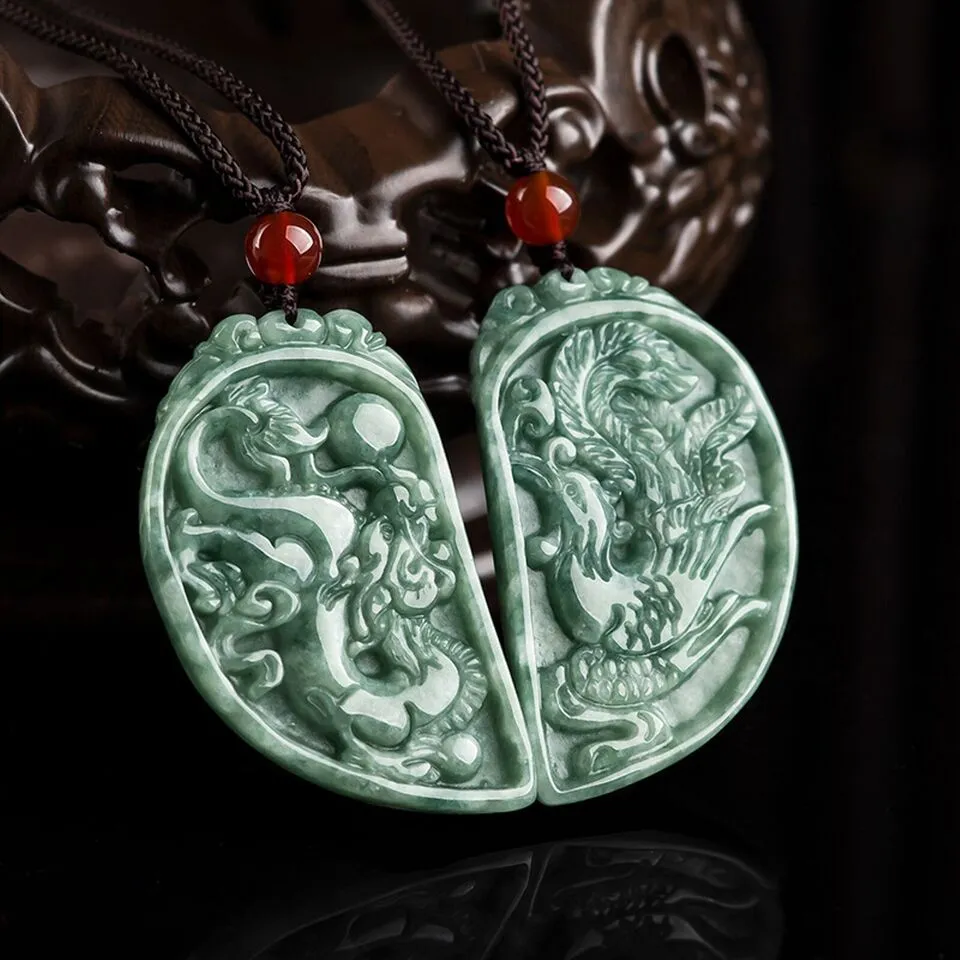 Natural Grade A Jade Jadeite Couple Green Dragon Phoenix Half Circle Pendant PAIR Necklace