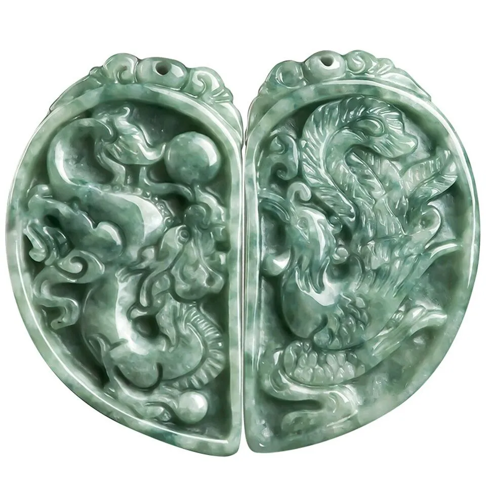 Natural Grade A Jade Jadeite Couple Green Dragon Phoenix Half Circle Pendant PAIR Necklace