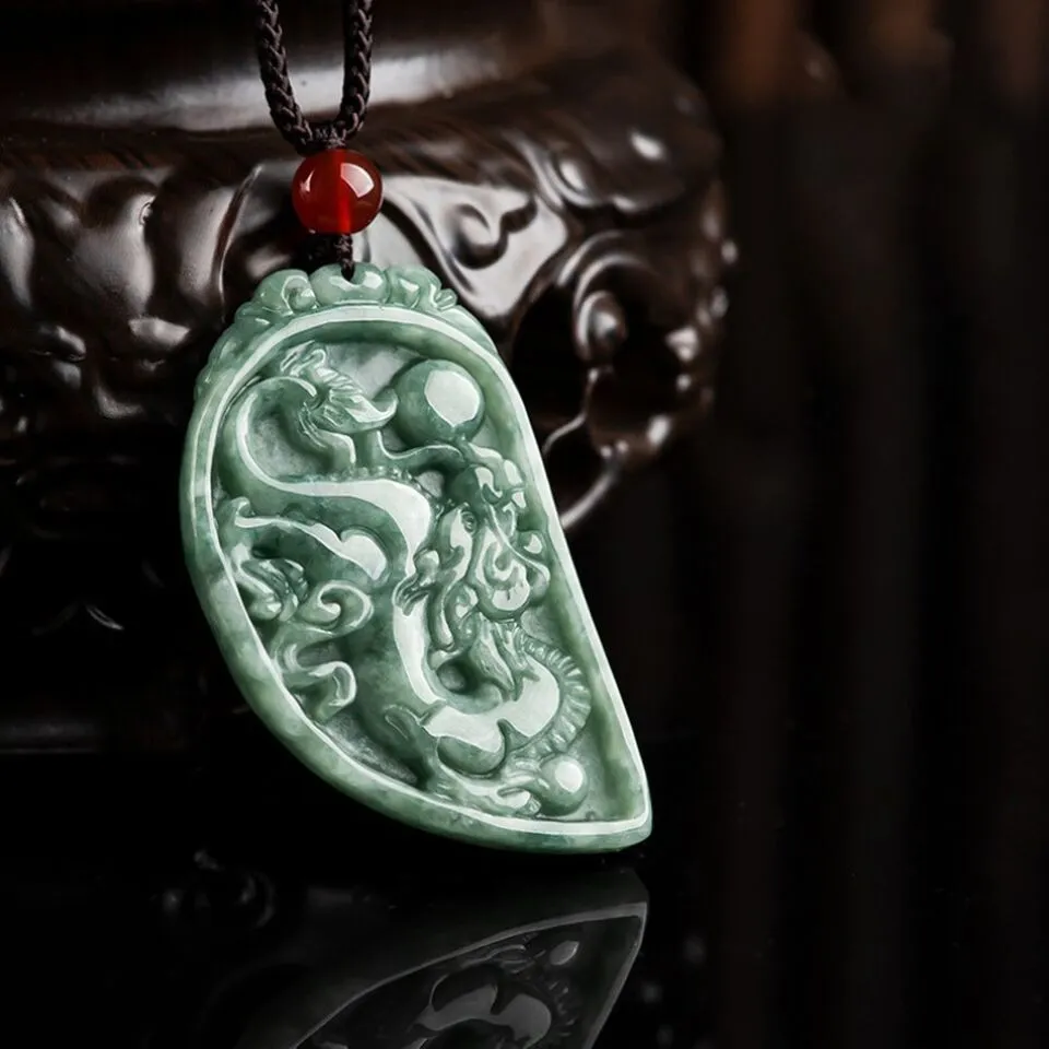 Natural Grade A Jade Jadeite Couple Green Dragon Phoenix Half Circle Pendant PAIR Necklace