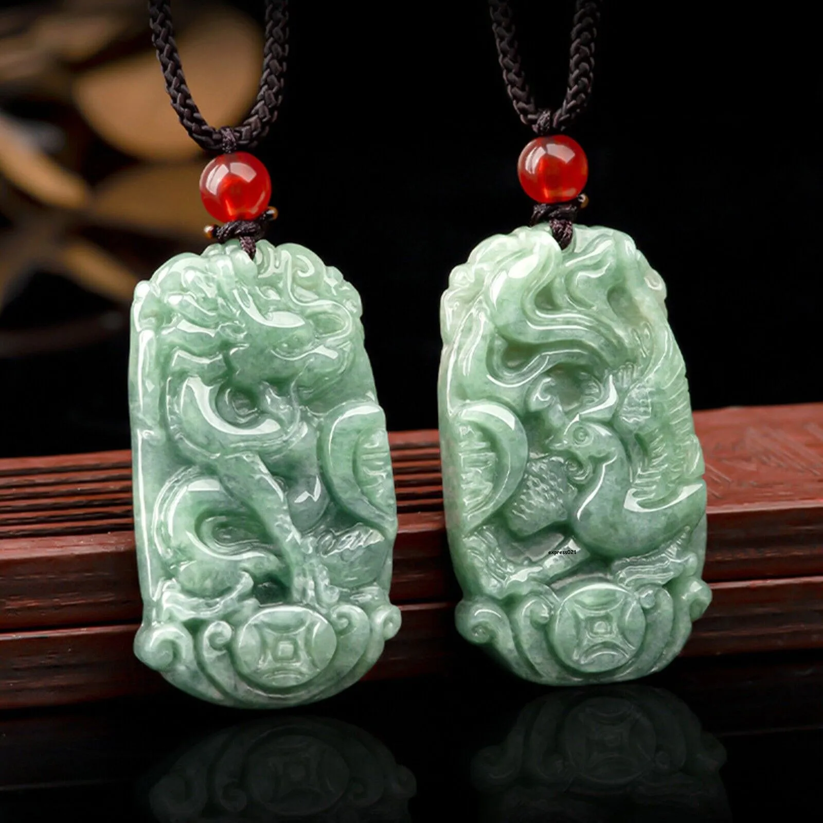 Natural Grade A Jade Jadeite Lucky Dragon Phoenix Couple Pendant PAIR