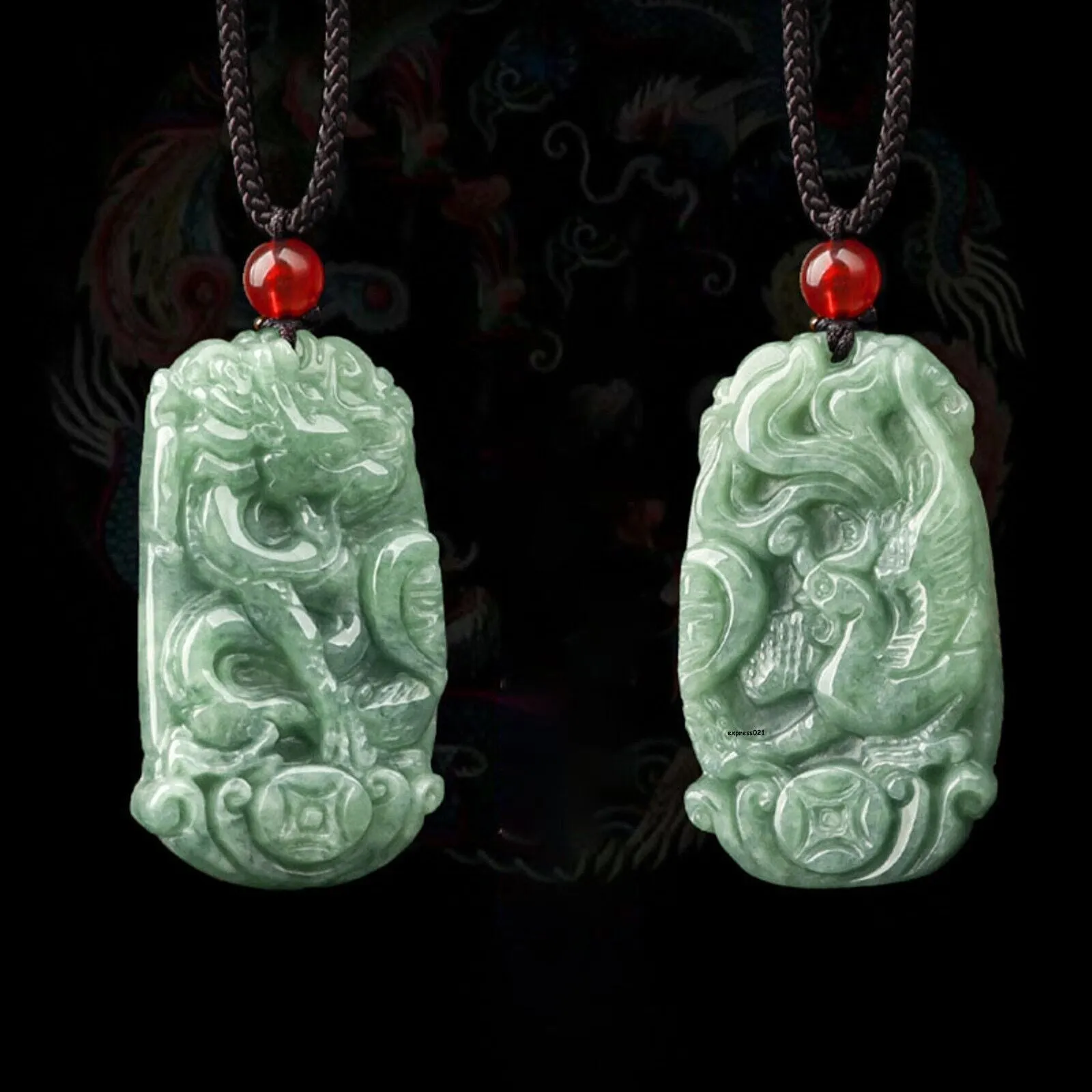 Natural Grade A Jade Jadeite Lucky Dragon Phoenix Couple Pendant PAIR