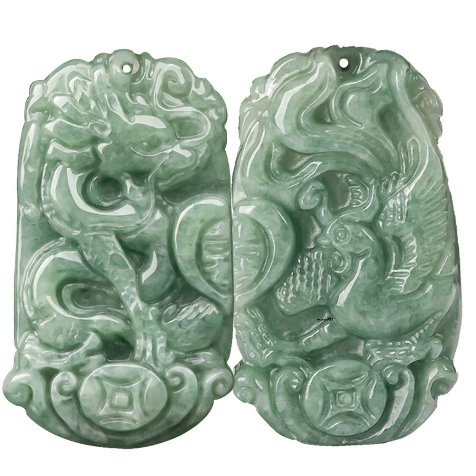 Natural Grade A Jade Jadeite Lucky Dragon Phoenix Couple Pendant PAIR