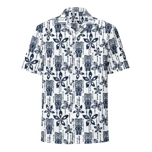 Navy Blue and White Vintage Tiki Hawaiian Aloha Shirt