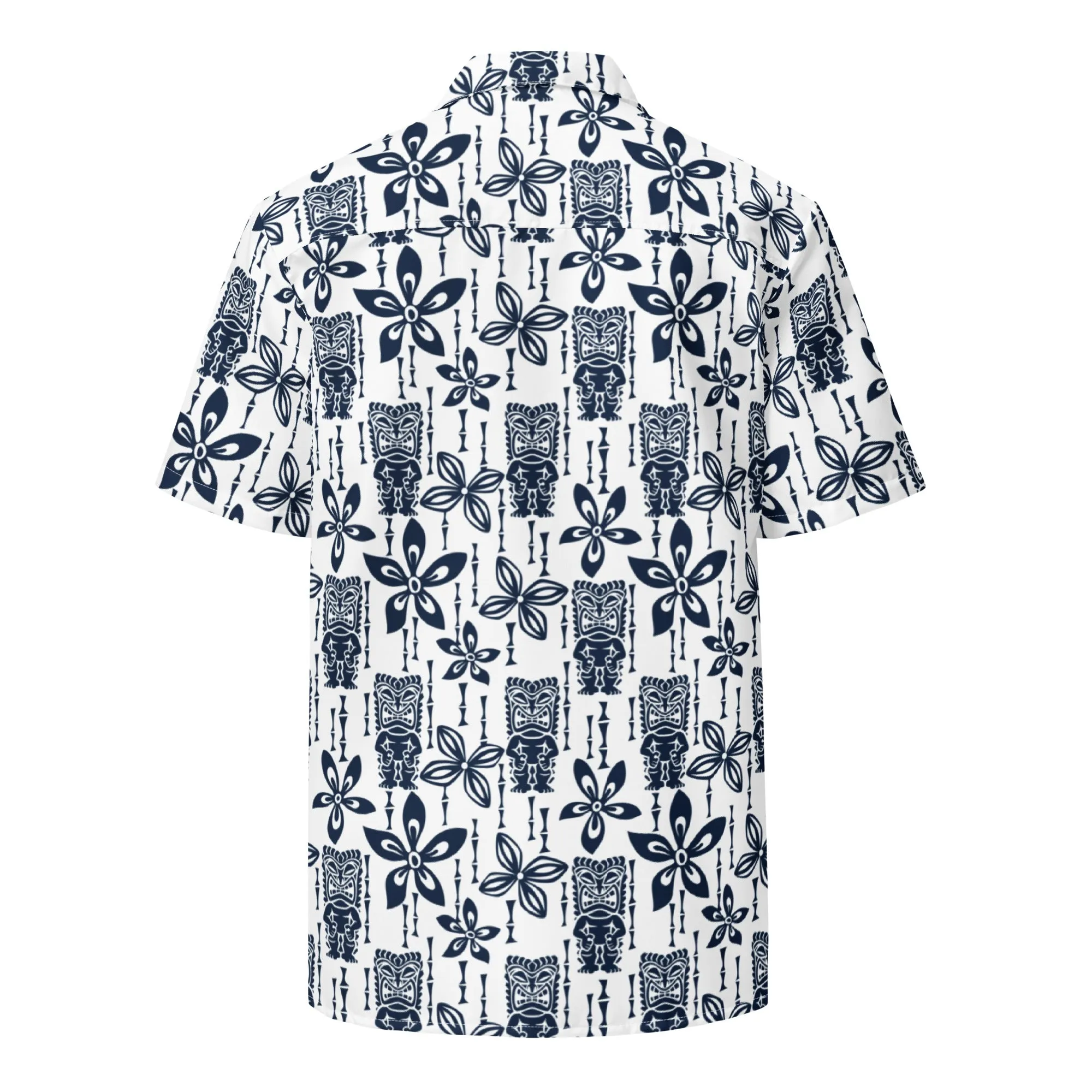 Navy Blue and White Vintage Tiki Hawaiian Aloha Shirt