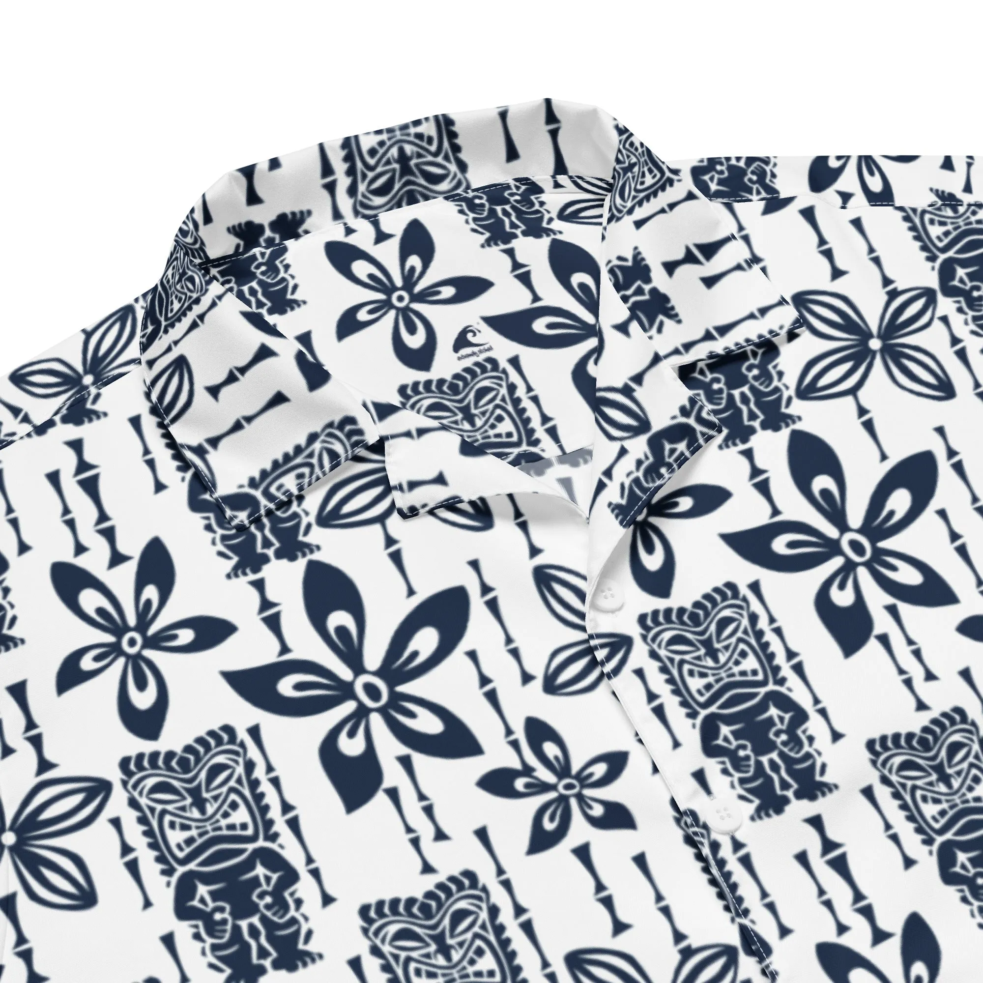 Navy Blue and White Vintage Tiki Hawaiian Aloha Shirt