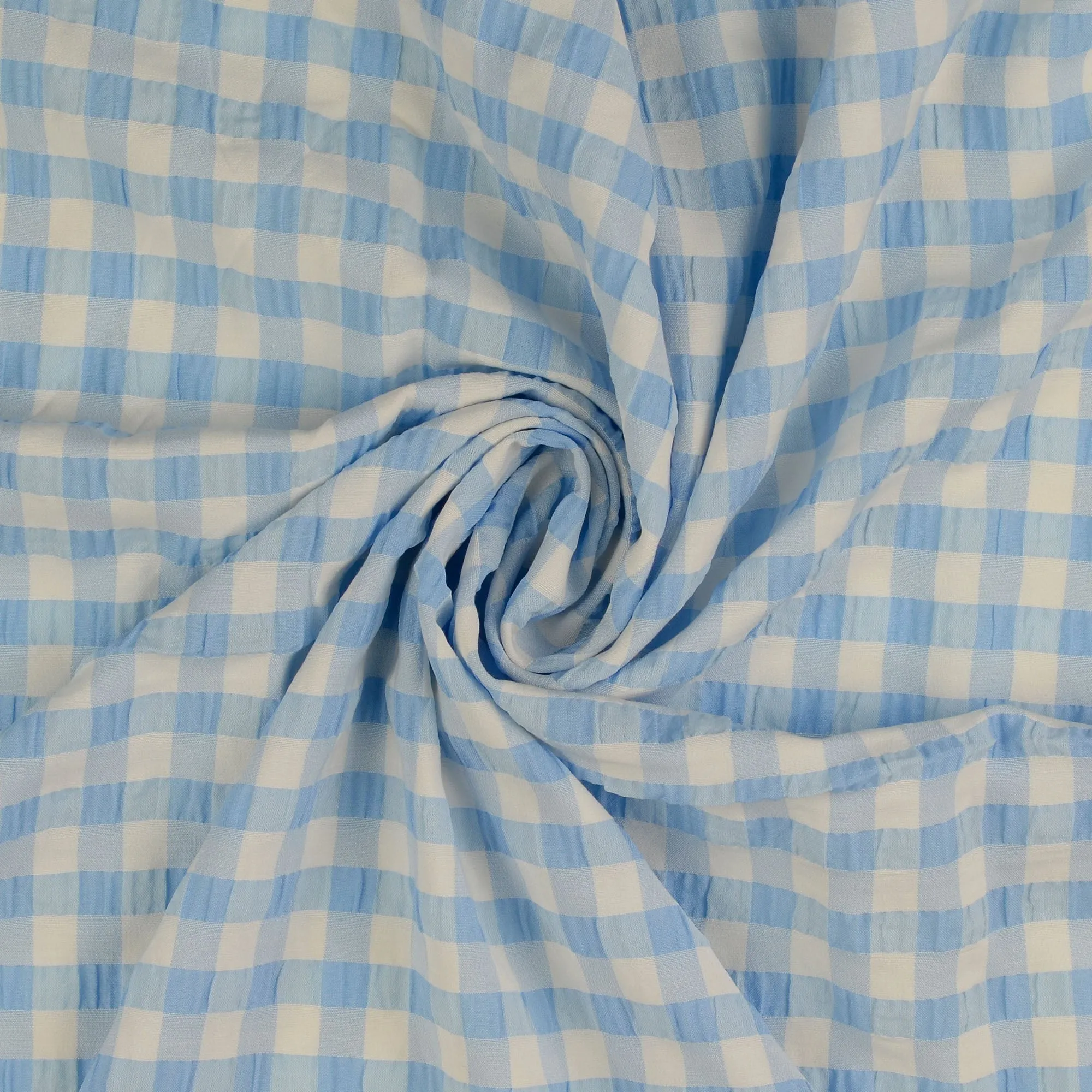 Sky Blue Gingham Viscose Seersucker Fabric