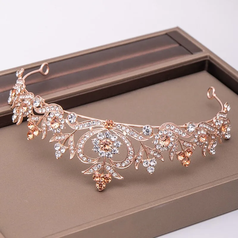 Trendy Rose Gold Rhinestone Crystal Crown Bridal Wedding Hair Accessory